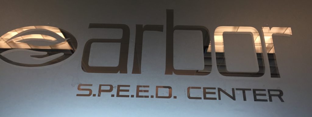 Example of WFD project with cut lettering and corporate logos applied to the glass surface: Arbor Speed Center