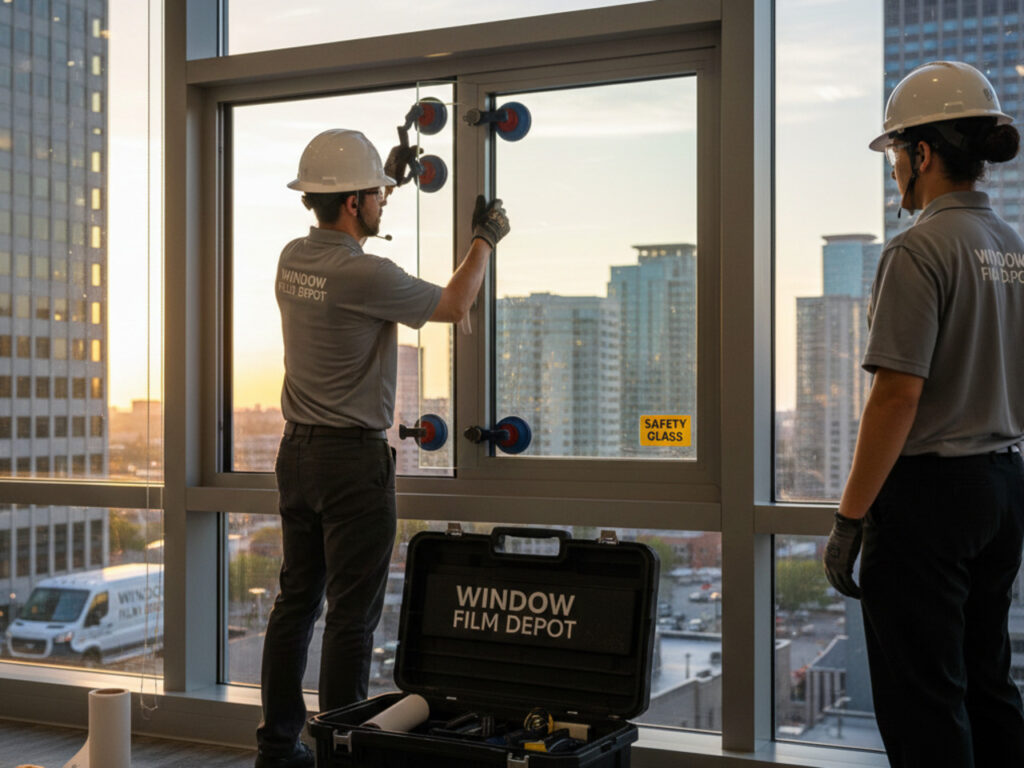 what-is-safety-glass Window Film Depot technicians installing a safety glass window in a high-rise building with a city skyline background.