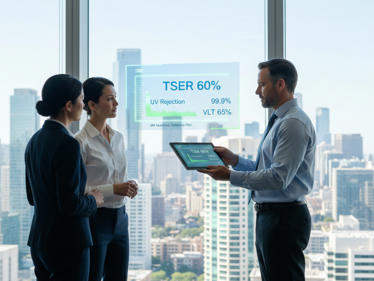 A professional project manager presenting 3M window film performance metrics, including 60% TSER and 99.9% UV rejection, to stakeholders in a sunlit modern office.