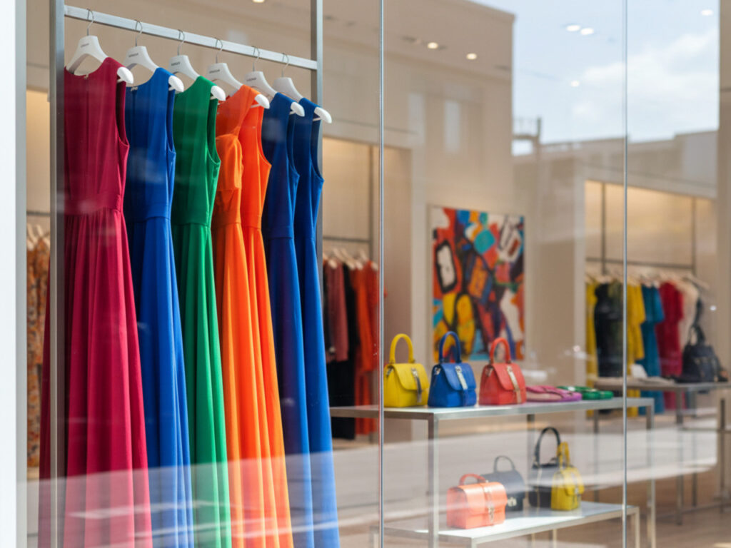 best vinyl windows uv protection fade prevention(2) A high-end retail storefront viewed through a clear glass window, showcasing vibrant dresses and handbags protected from UV damage.
