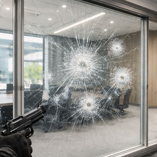 Bulletproof window film holding shattered glass in place.