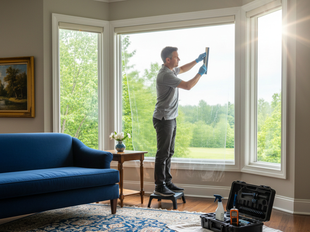 A technician in a grey polo shirt stands on a small step stool to apply clear window film to a large bay window in a residential living room, with a toolkit and a blue sofa visible in the foreground.