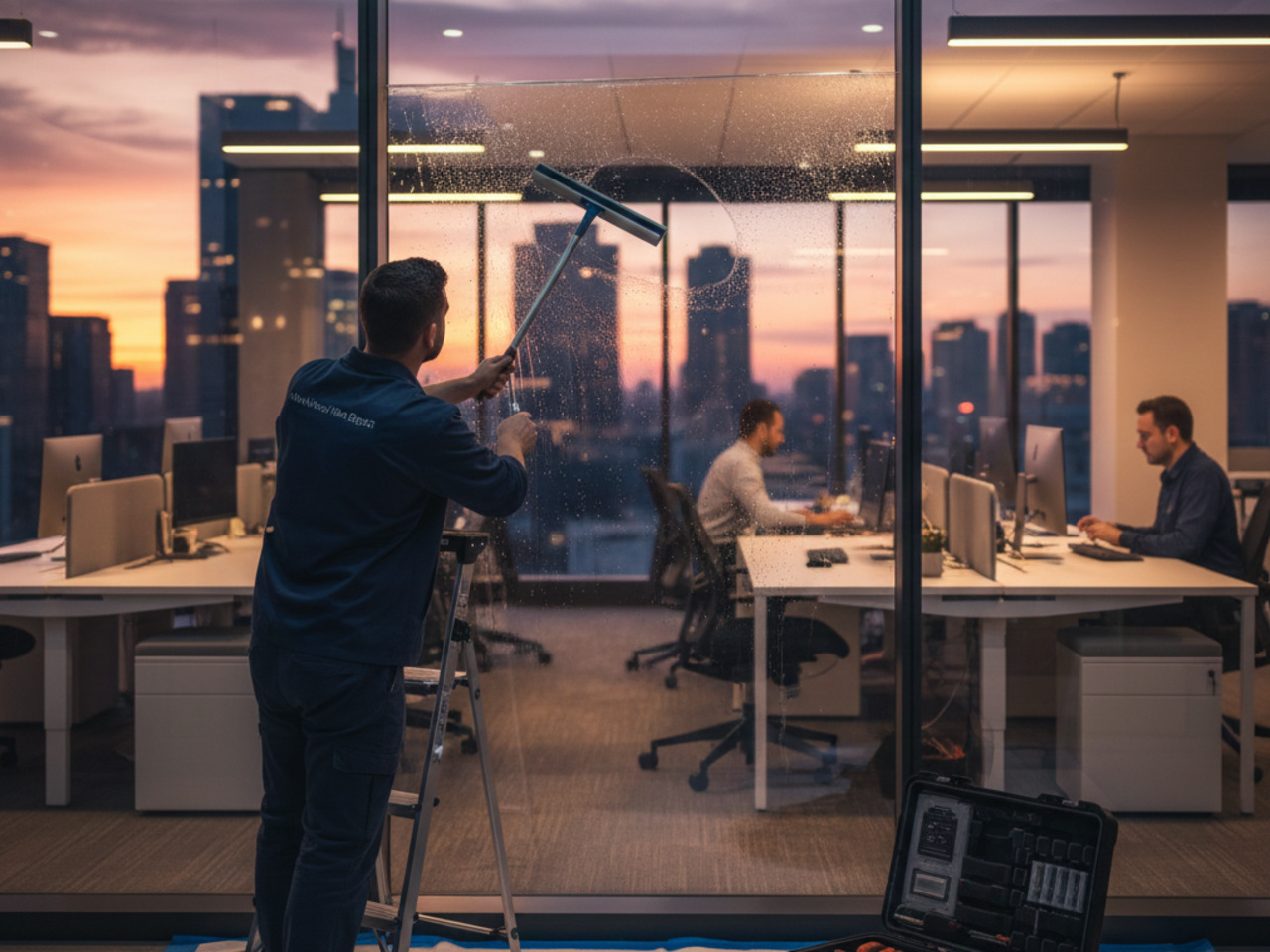 A technician on a ladder in a modern office uses a long-handled squeegee to apply window film during a vibrant city sunset while employees work nearby.