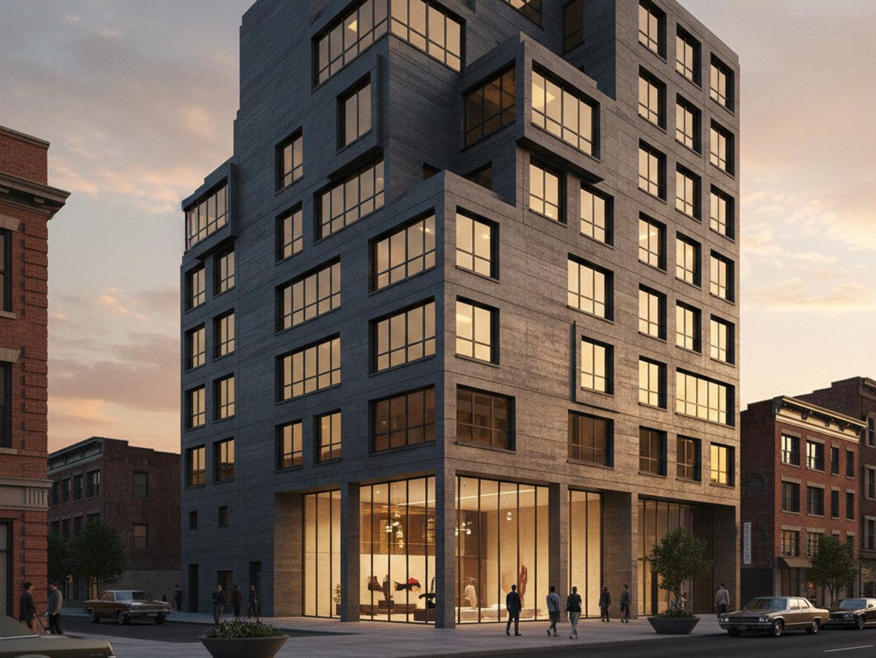 A corner view of a multi-story, modern concrete building with large windows illuminated from within at dusk, featuring a glass-walled ground floor showroom or gallery.