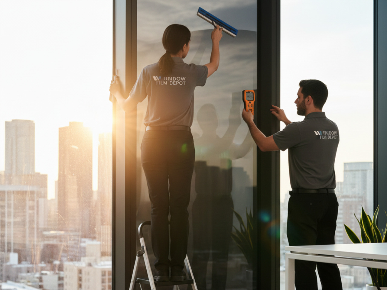 A technician on a step stool in a high-rise office applies dark window film while another technician uses an orange handheld device to measure the film’s performance against a bright sunset city skyline.