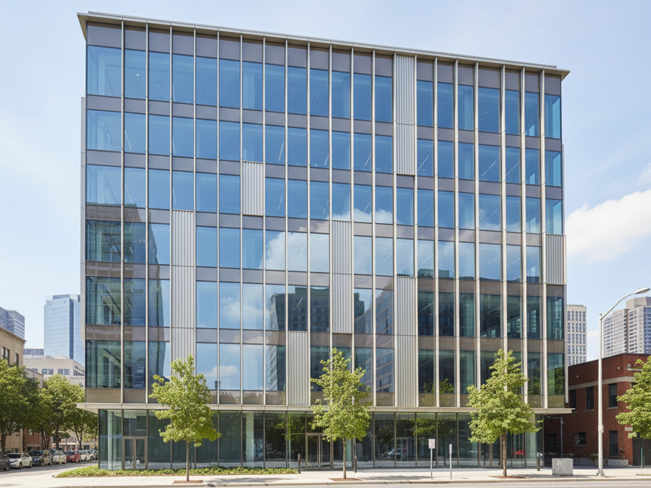 A front-facing view of a modern multi-story glass office building with vertical metal accents, reflecting the surrounding city and a clear blue sky.