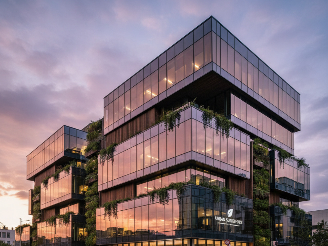 A low-angle shot of a large, modern office building with a blue reflective glass facade that mirrors the bright sky and fluffy white clouds.