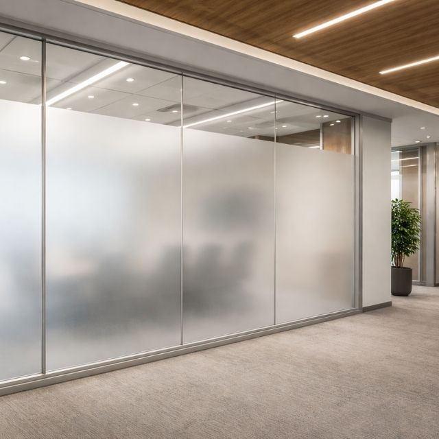 Frosted privacy window film in office space.