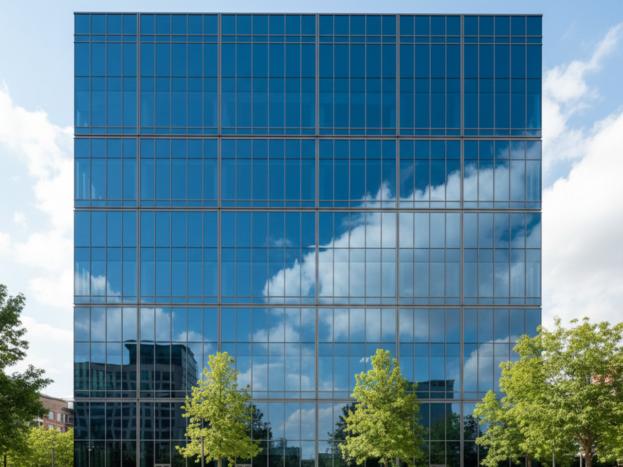 A symmetrical, wide-angle view of a modern high-rise office building with blue glass windows that reflect a bright blue sky and white fluffy clouds, framed by green trees at the base.