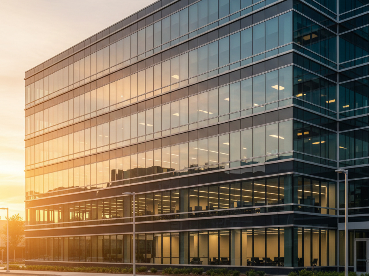 A professional hero shot of a modern multi-story commercial building with an extensive glass facade, showcasing the uniform appearance and optical clarity of a high-performance building envelope.