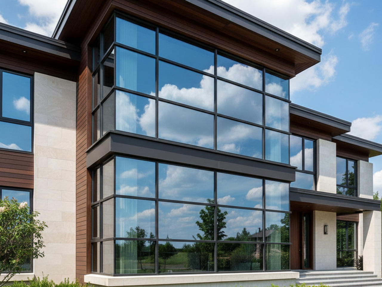 A low-angle exterior shot of a modern two-story home featuring large floor-to-ceiling windows that reflect a bright blue sky with white clouds, accented by wood siding and stone masonry.