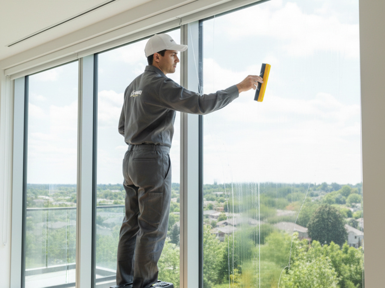A technician wearing a grey uniform and white baseball cap stands on a step stool to apply window film with a yellow squeegee to a large window overlooking a lush green landscape.