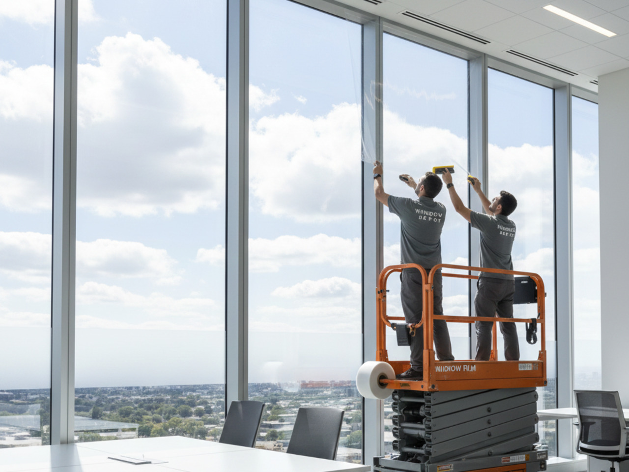 Two technicians standing on an orange scissor lift inside a bright, modern office apply clear window film to a wall of floor-to-ceiling windows overlooking a city.