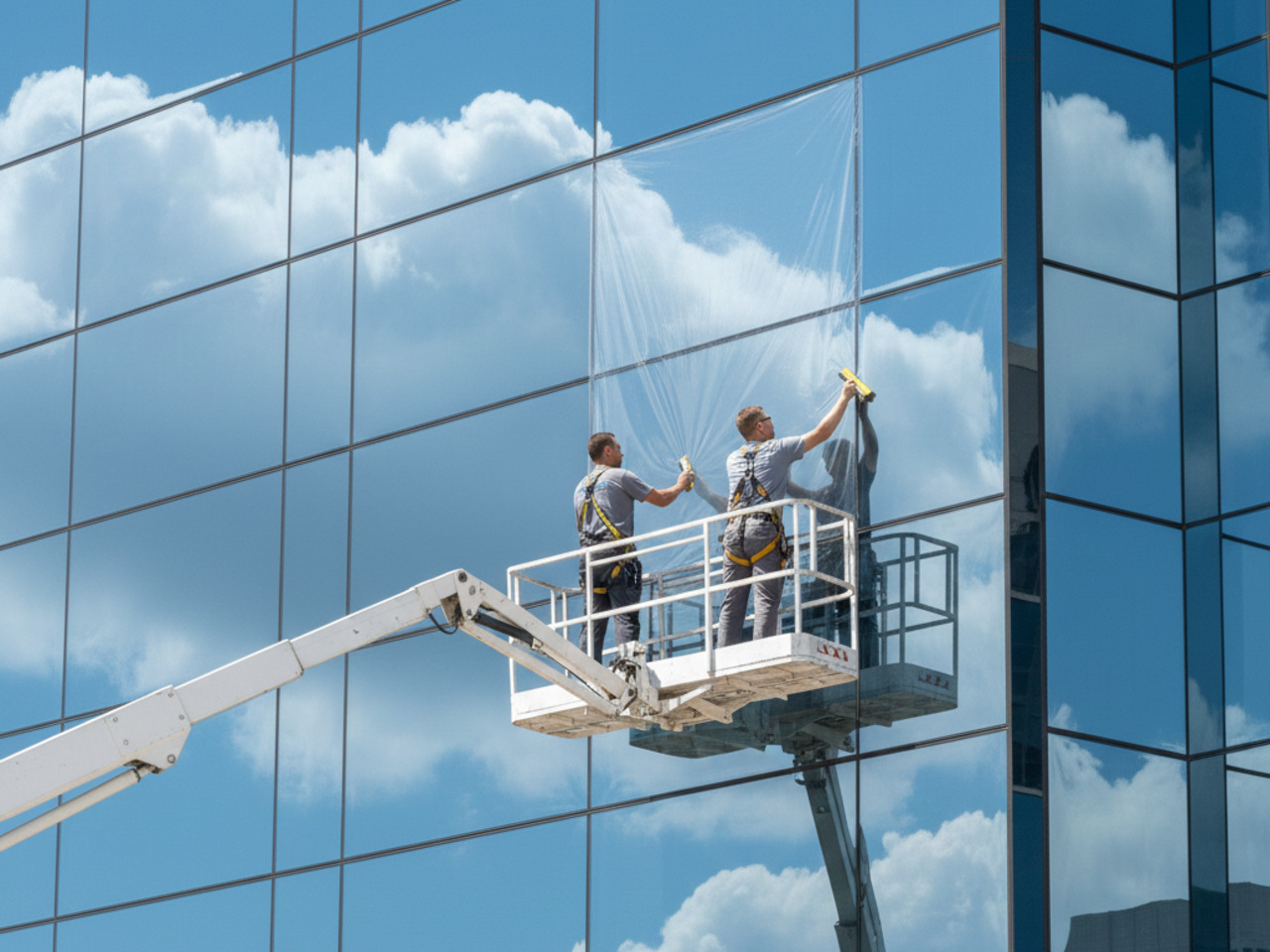 Two technicians in safety harnesses work from a white boom lift to apply a clear window film to the reflective glass facade of a high-rise building under a blue, cloudy sky.
