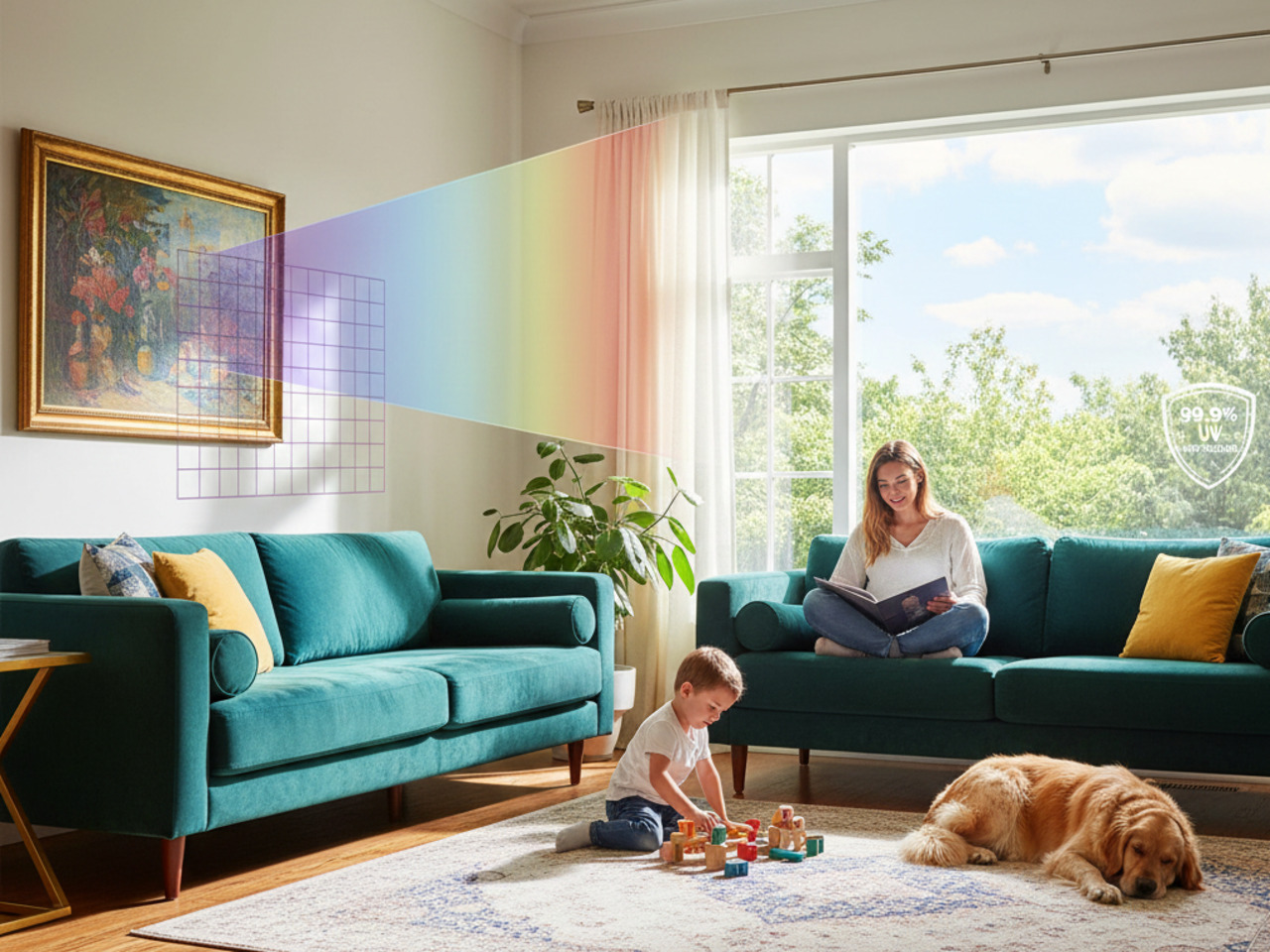 A mother reads a book on a teal sofa while her young son plays on the rug and a golden retriever rests nearby, featuring a colorful graphic overlay that illustrates window film blocking UV rays from hitting a framed painting on the wall.