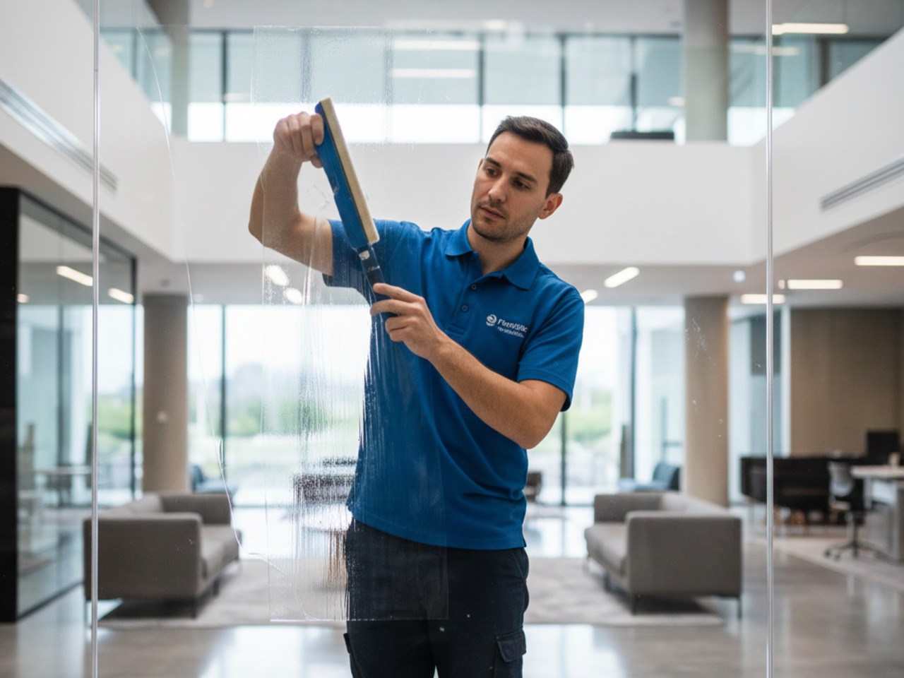 A technician in a blue polo shirt uses a squeegee to apply a clear window film to a glass partition in a modern, open-concept office lobby.