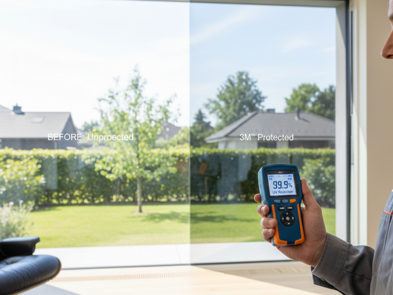 A split-screen view of a sunlit backyard through a window, comparing a bright "BEFORE: Unprotected" side with a clearer, tinted "3M™ Protected" side; a hand in the foreground holds a digital meter displaying a "99.9% UV Rejection" reading.