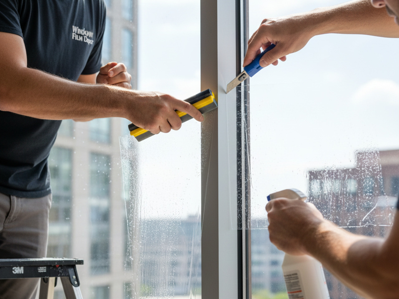A close-up shot of two technicians working on a window; one uses a yellow and black squeegee while the other uses a blue utility knife to trim clear window film, with a 3M branded step stool visible in the corner.