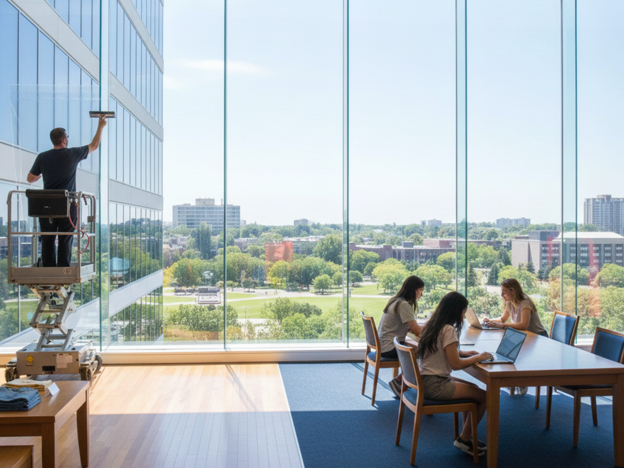 A technician on a scissor lift inside a sunlit university building uses a squeegee to apply window film to large glass panes, while students work at a table overlooking a green campus.