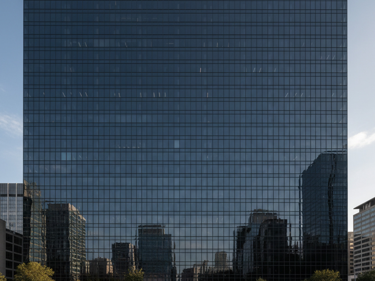 A towering skyscraper with a dark, reflective glass facade that mirrors the surrounding urban landscape and the soft light of a clear sky.