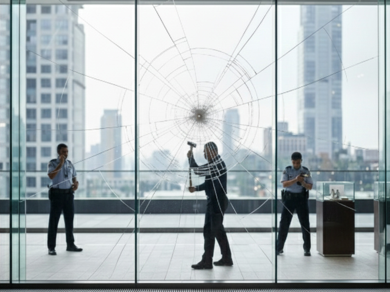 Through a large, shattered glass window held together by protective film, a man is seen mid-swing with a hammer while two security guards in blue uniforms stand watch in a modern building with city skyscrapers in the background.
