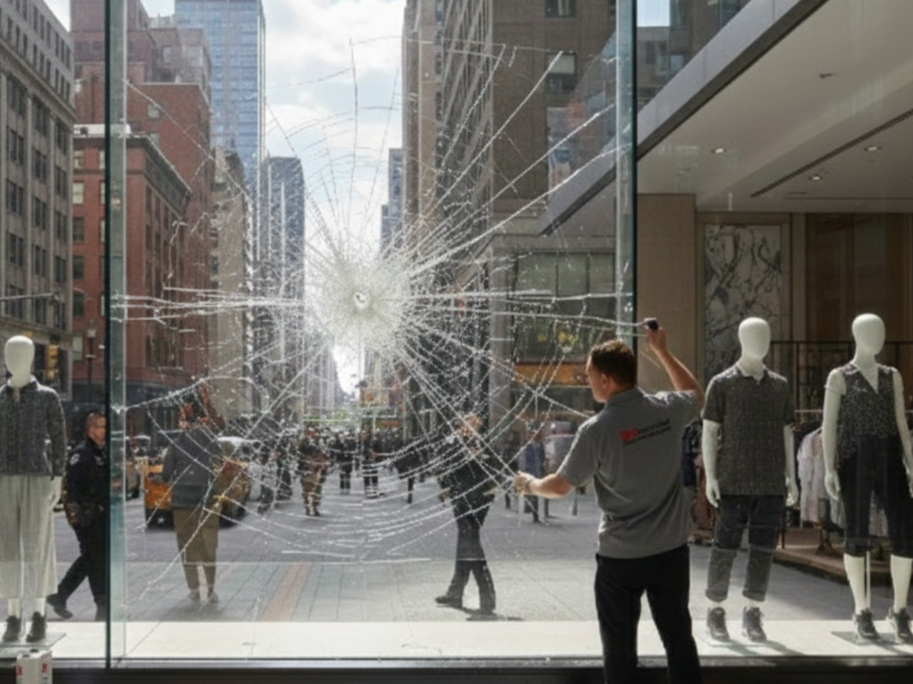 A shattered storefront window held together by protective film, with a technician inspecting the damage and a busy city street visible in the background.