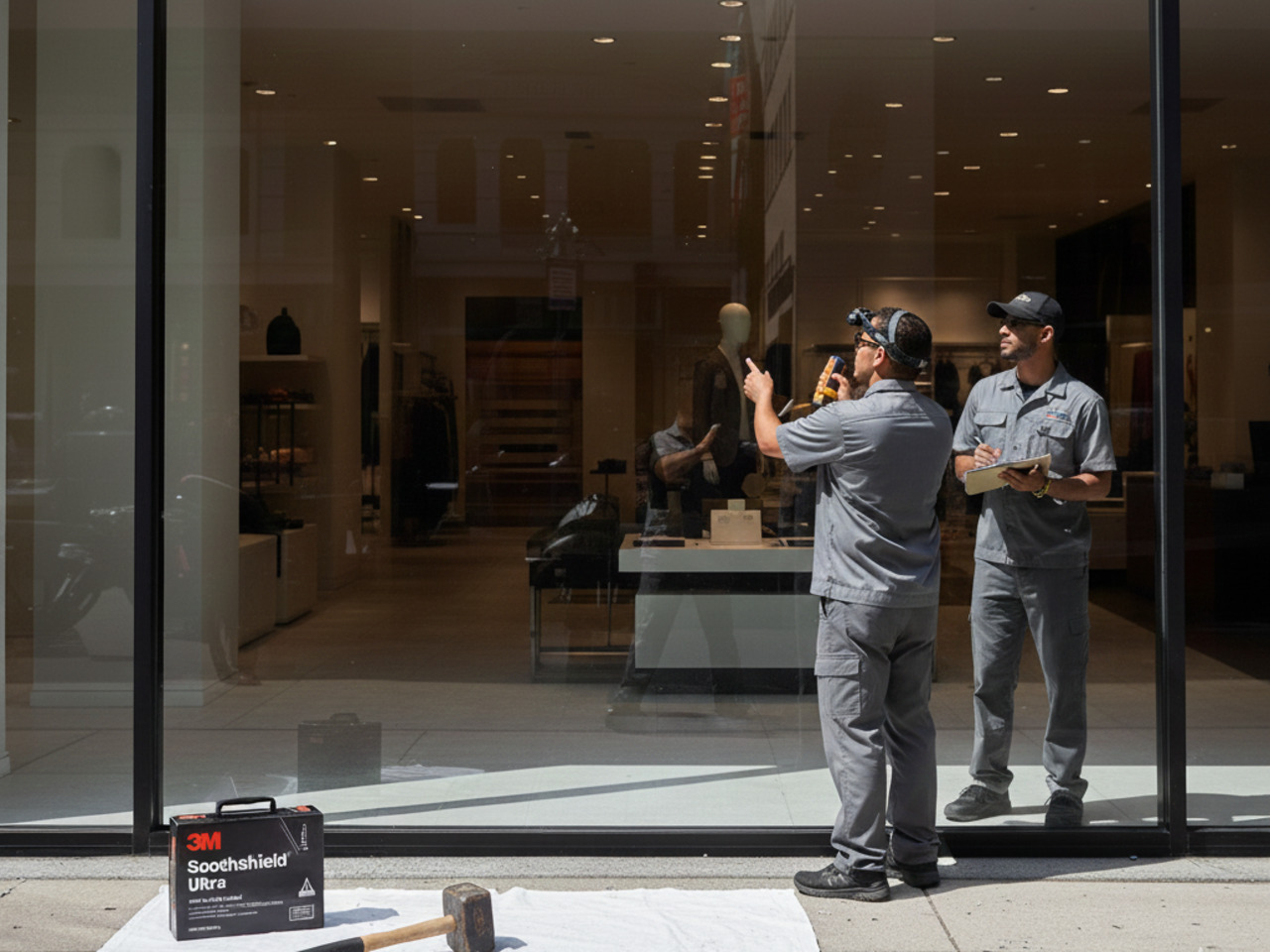 Two technicians in grey uniforms stand outside a retail storefront; one uses a handheld device to inspect the window glass while the other takes notes on a clipboard, with a 3M™ Scotchshield™ Ultra box and hammer in the foreground.