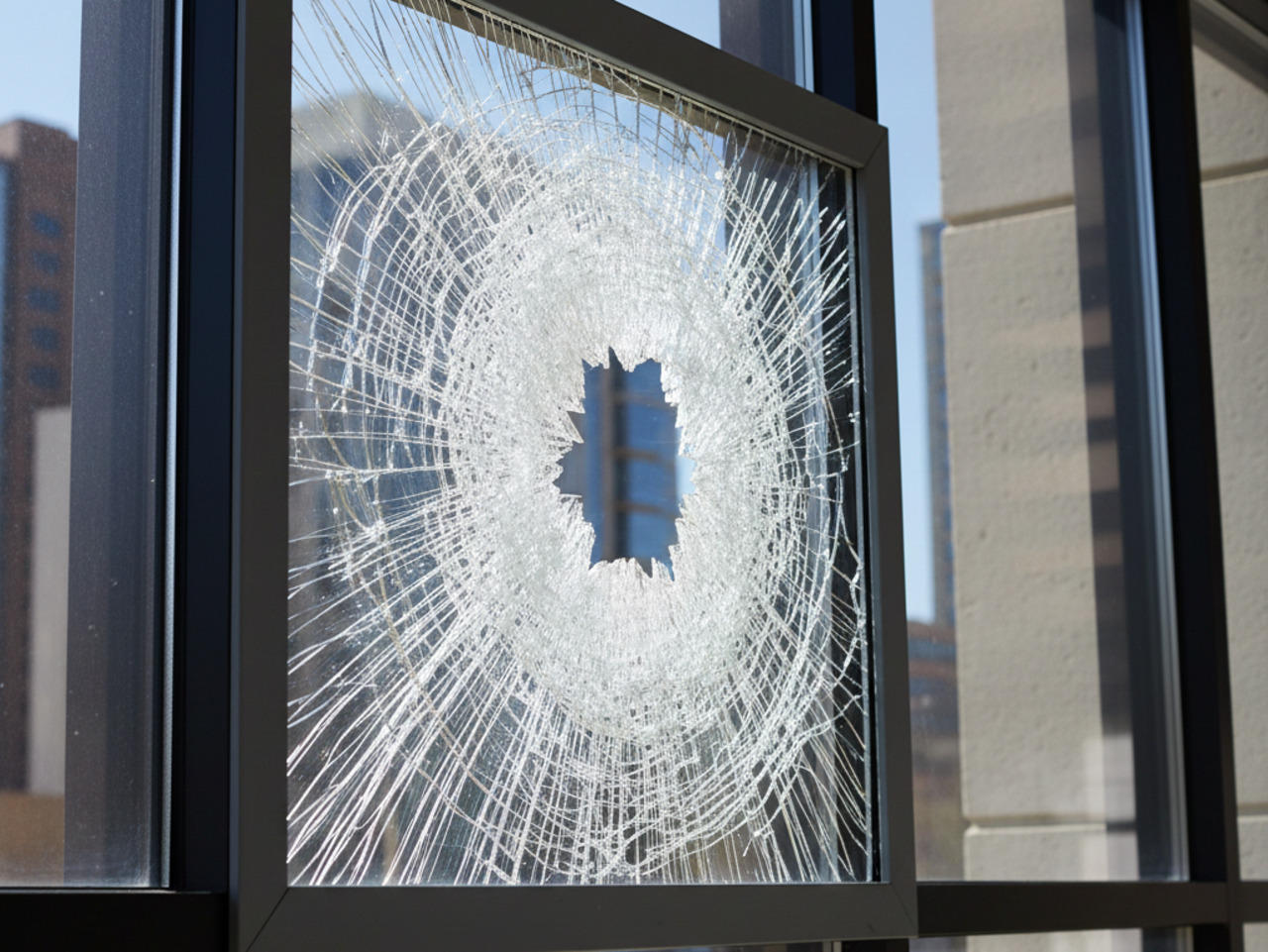 A close-up view of a shattered glass window pane with a large circular impact point in the center and radiating spider-web cracks.