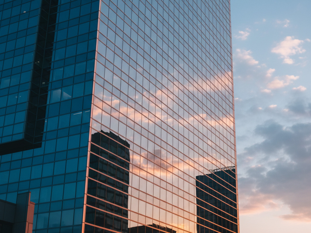 A low-angle shot of a modern glass skyscraper reflecting a vibrant orange and pink sunset against a cloudy sky.
