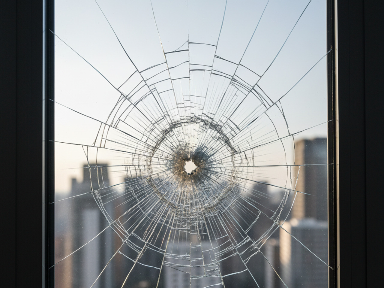 what is safety glass used for(2) A close-up of a window pane with a large, circular spider-web fracture pattern from an impact, showing the shattered glass held firmly in place against a blurred urban background.