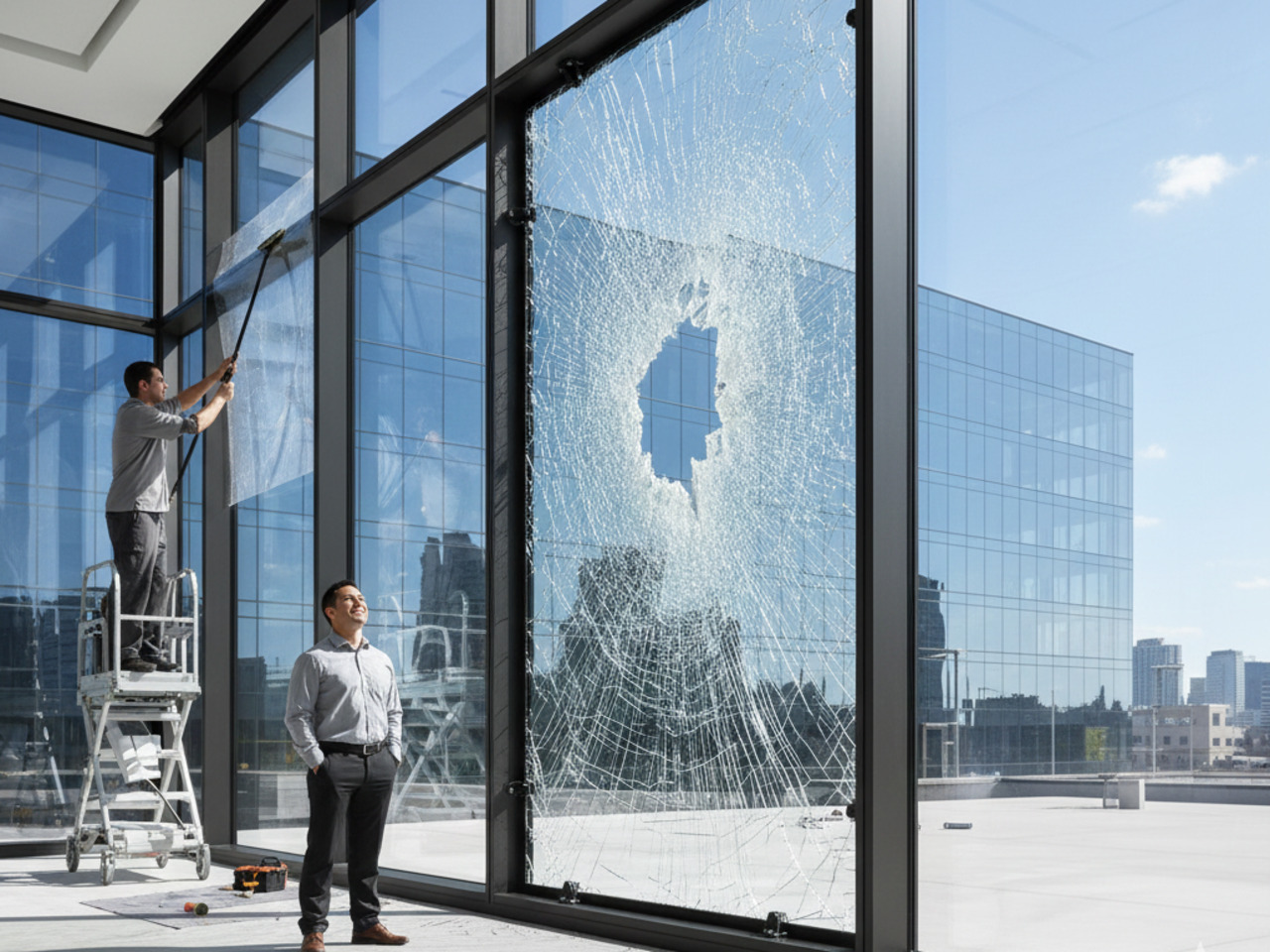 A man in business attire smiles while standing next to a large window pane featuring a massive impact fracture held together by safety film, while a technician on a lift applies film to an adjacent window in a modern building.
