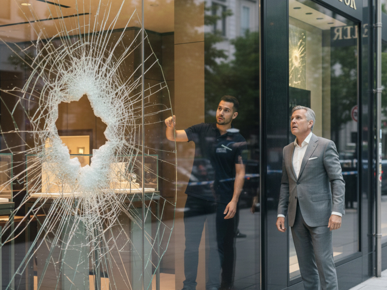 A technician in a black polo shirt pointing to a large hole in a shattered retail window while a businessman in a grey suit looks on.