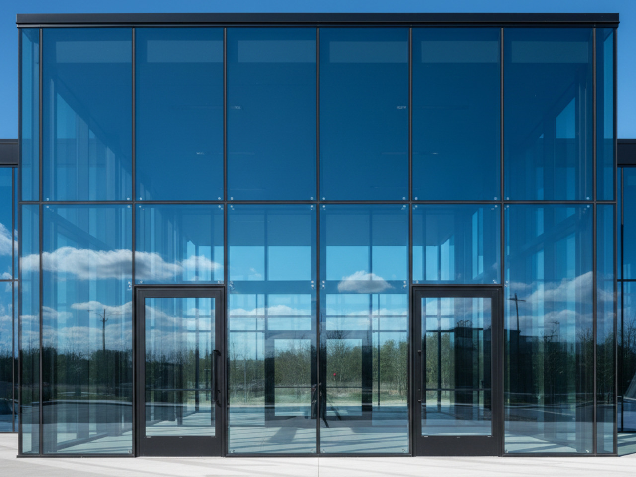 A front-facing view of a modern building’s entrance, featuring a large, symmetrical glass facade with two black-framed doors reflecting a blue sky and white clouds.
