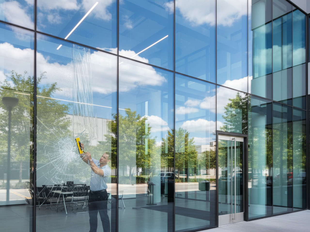 A technician uses a yellow tool to professionally apply a clear security film over a large, shattered glass window on a modern office building exterior.