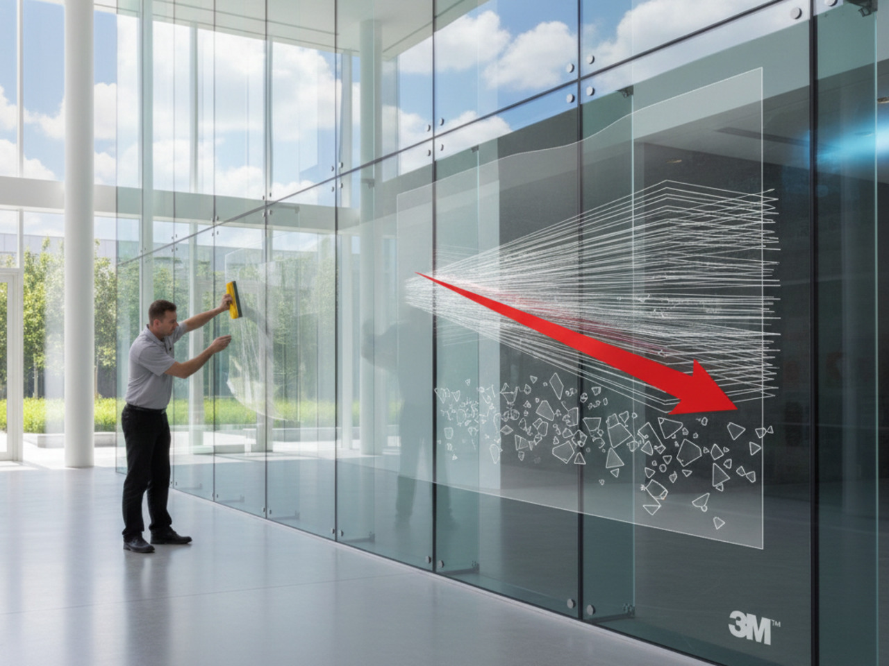 A technician applies window film to a glass partition in a modern office, while a digital overlay with a red arrow illustrates how security film deflects energy and contains glass shards.