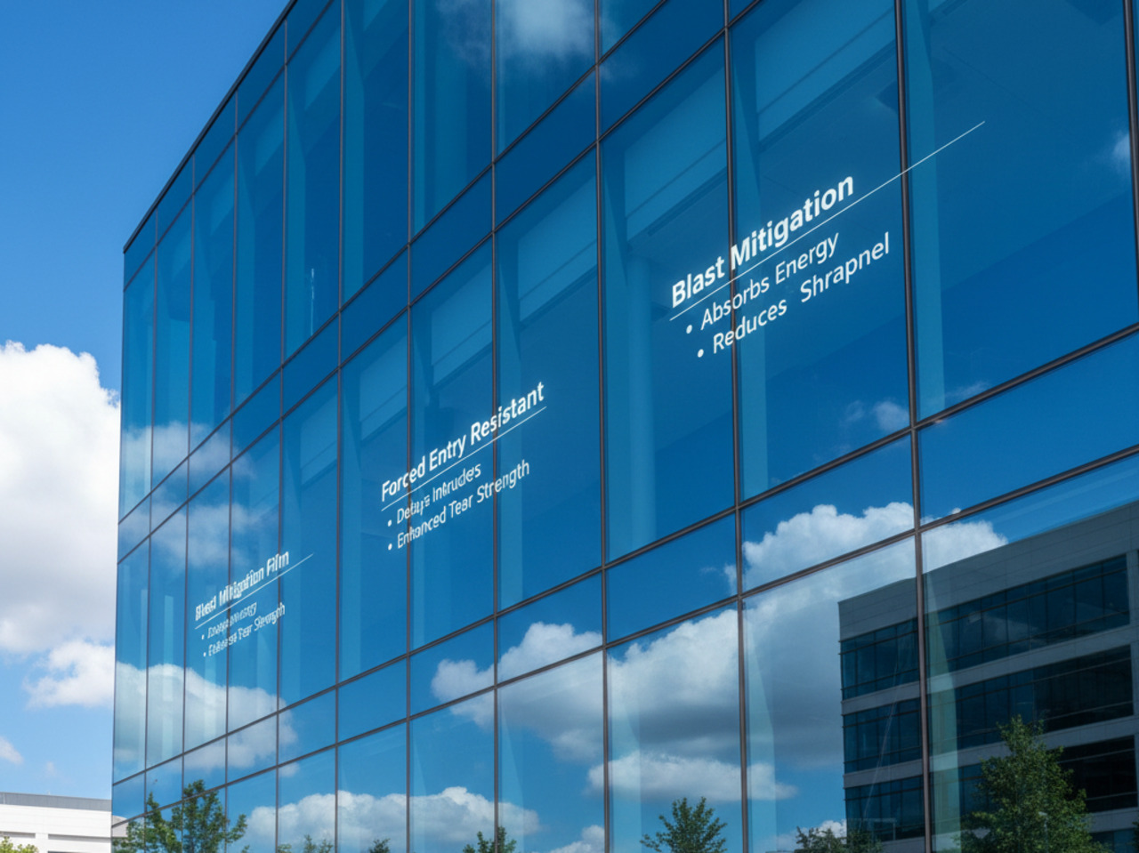 A low-angle exterior view of a modern glass office building reflecting white clouds and a bright blue sky, with text overlays describing the benefits of blast mitigation and forced entry resistant window film.