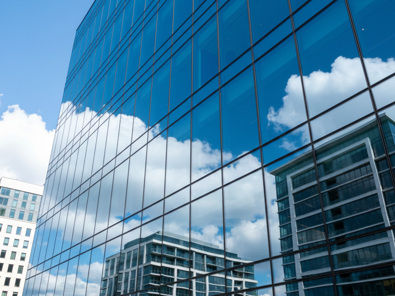 A low-angle view of a modern glass office building reflecting a bright blue sky, white clouds, and neighboring urban structures.