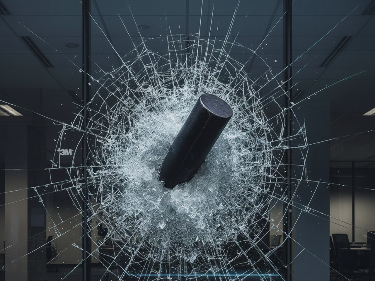 A close-up view of a heavy metal cylinder impact against a glass window, demonstrating the strength of security film as the glass shatters into a dense web without being breached.