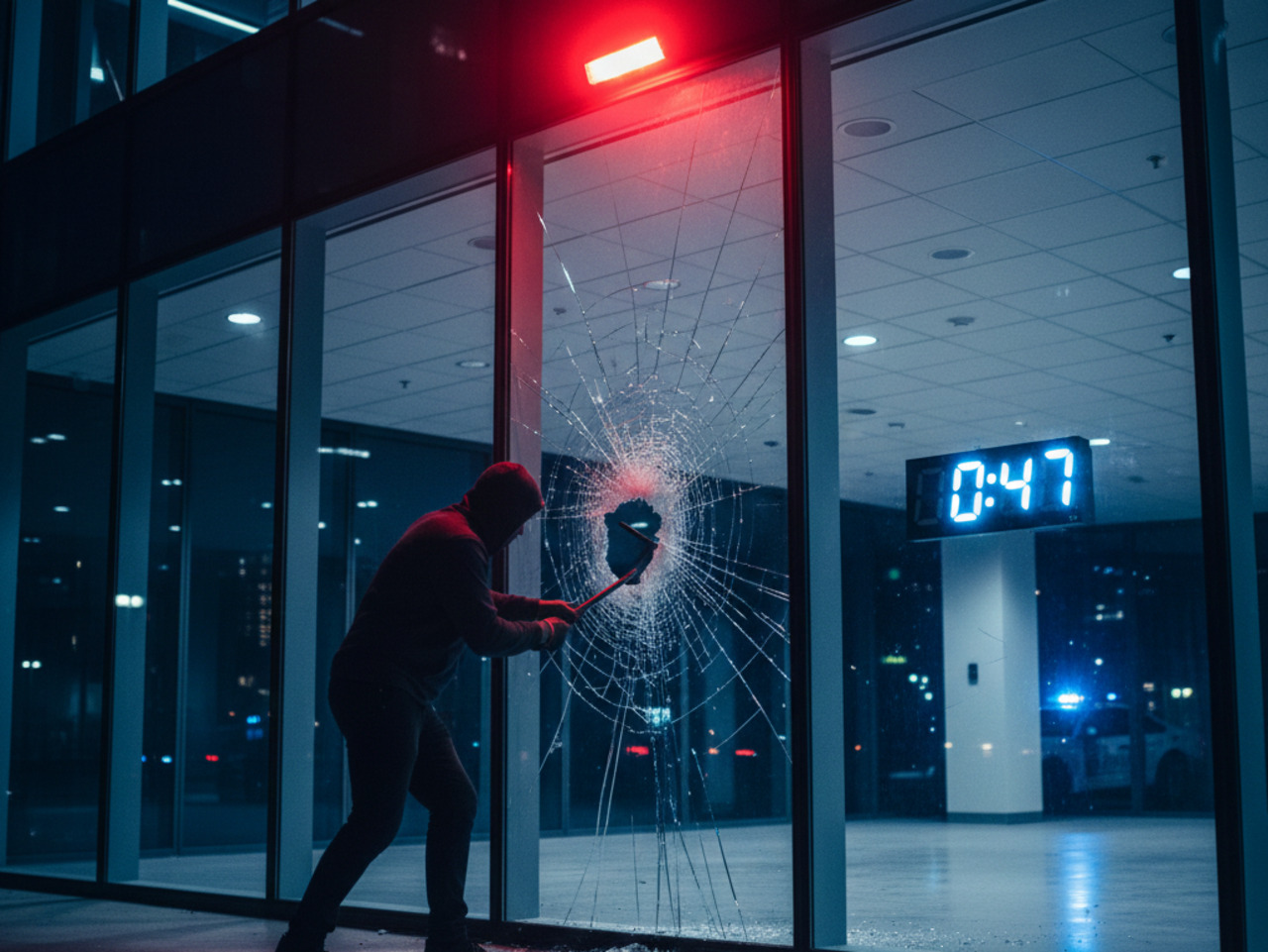 A hooded figure at night uses a tool to smash a large glass window of a modern building, showing shattered glass and an interior digital clock displaying "0:47," while a police car with blue lights is visible in the background.
