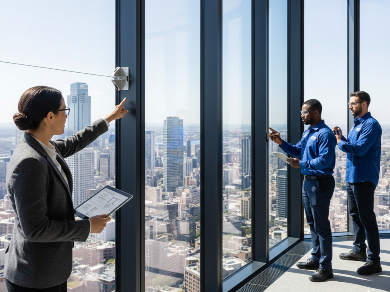 A business woman in a grey suit holding a tablet points toward a window while two technicians in blue shirts conduct measurements on the floor-to-ceiling glass of a high-rise office overlooking a sprawling city.