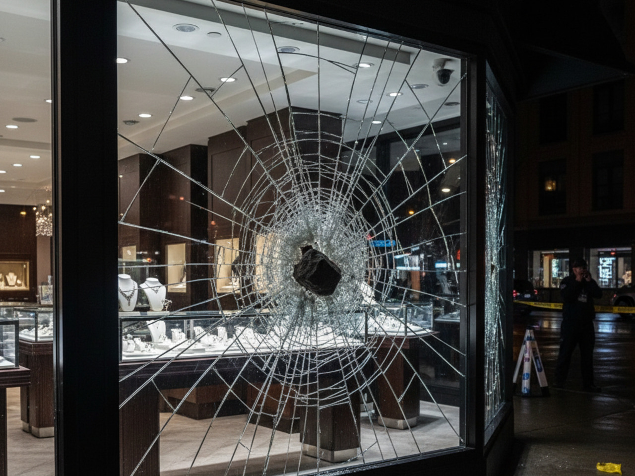 A large jewelry store window at night with a spider-web pattern of shattered glass from a central impact point, showing the glass held intact by protective film while jewelry displays remain visible inside.