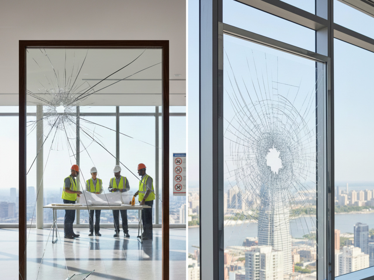 A two-panel graphic showing shattered glass panes that remain intact within their frames, with one panel showing engineers working in the background and the other overlooking a city waterfront.