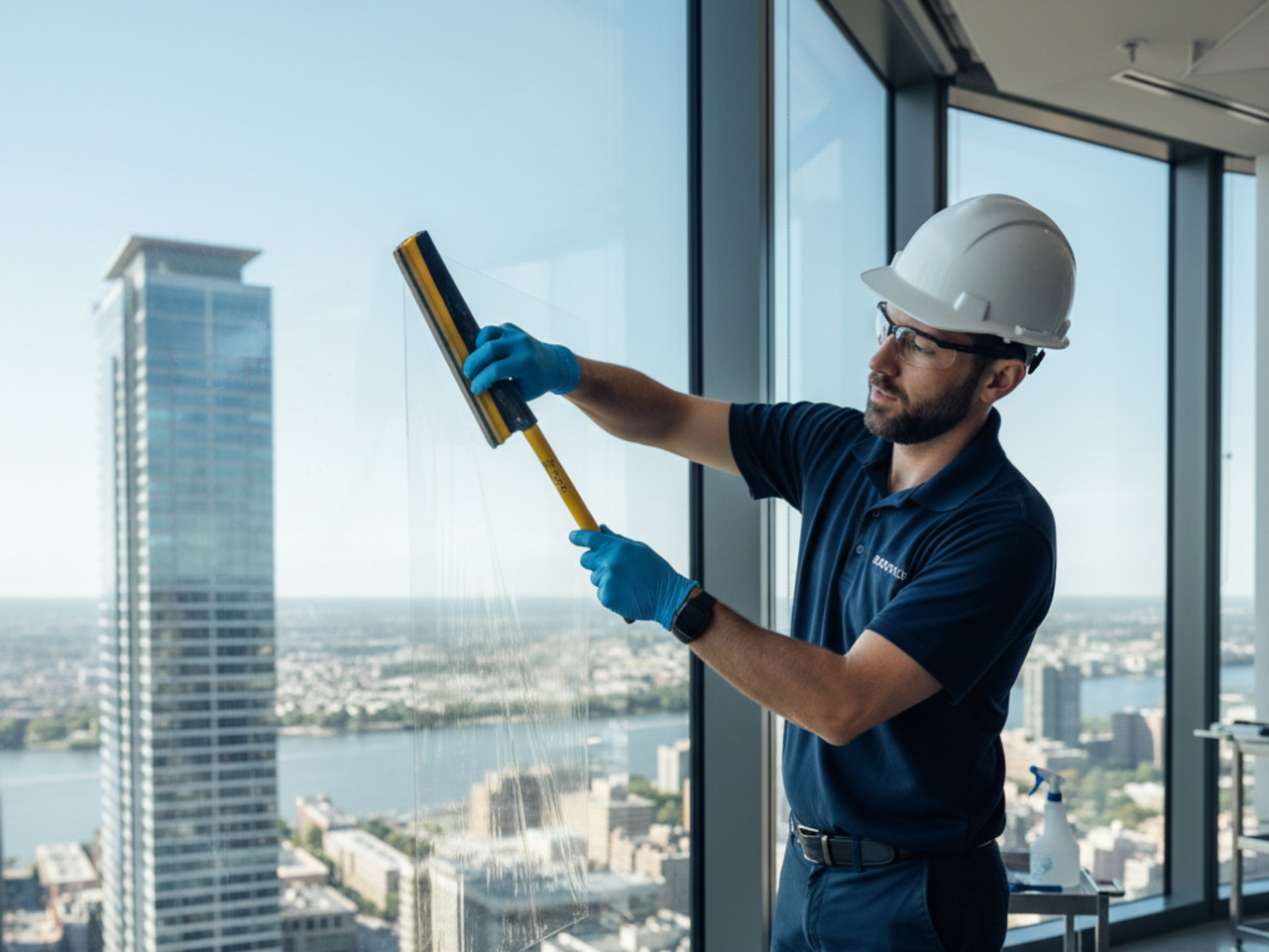 A technician wearing a white hard hat, safety glasses, and blue gloves uses a long-handled squeegee to apply a clear sheet of protective film to a floor-to-ceiling window in a high-rise building.