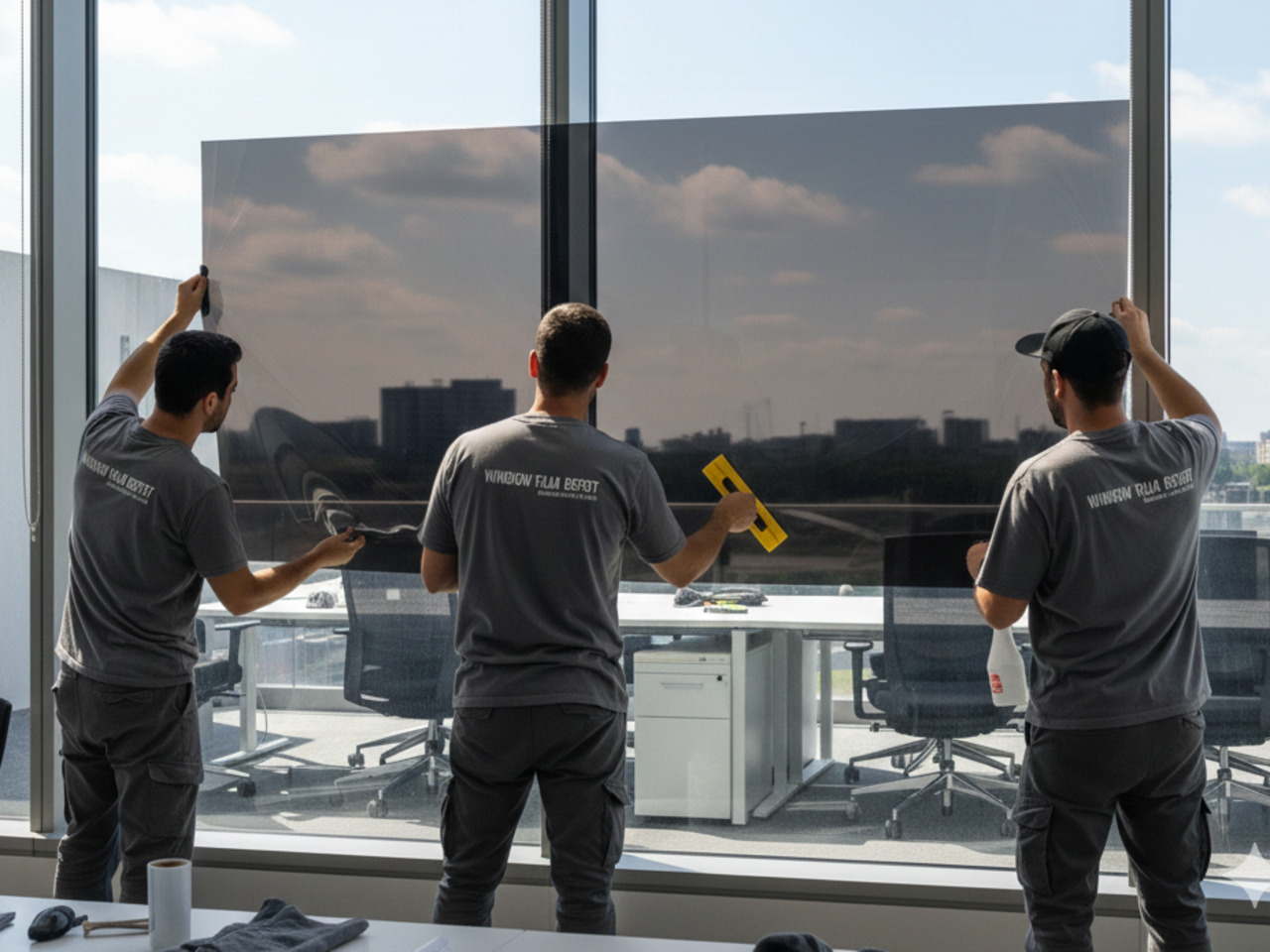 An alt tag for this image is: Three technicians in grey uniforms work together to apply a large sheet of dark solar control window film to a floor-to-ceiling office window.