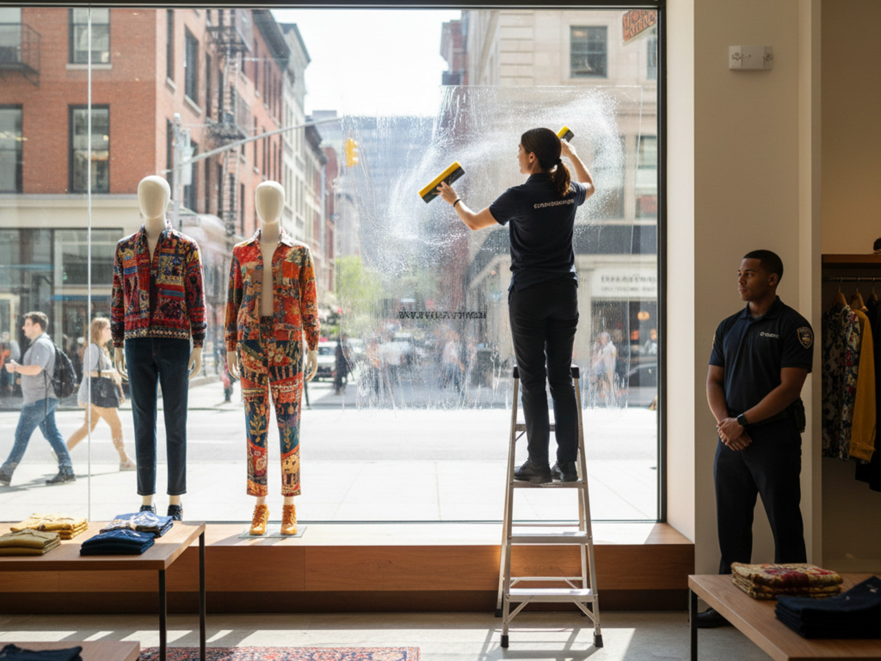 A certified technician in a black uniform stands on a ladder to professionally apply solar control window film to a luxury retail storefront window featuring mannequins, while a security guard observes.