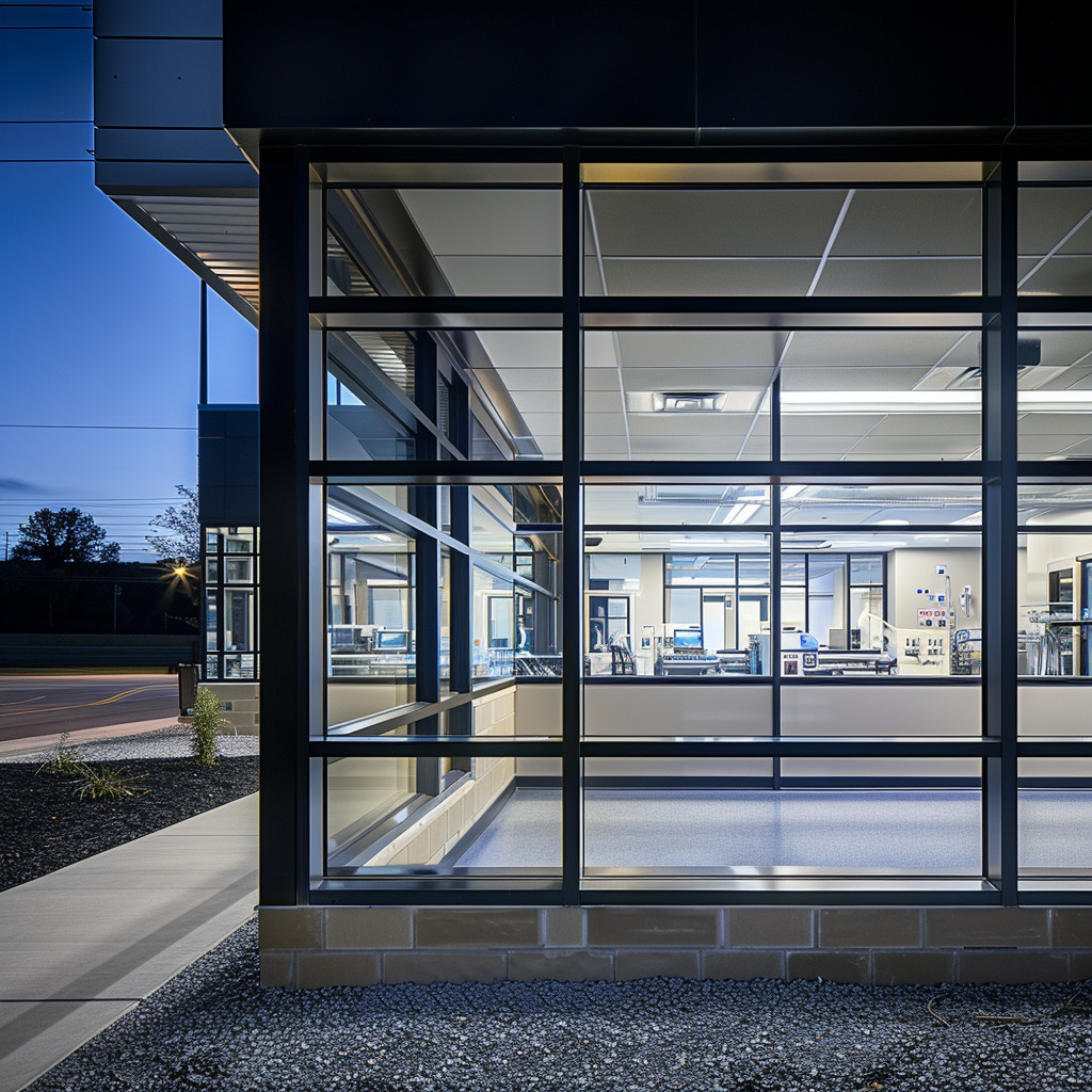 A building with one-way mirror film, the interior clearly visible at night.