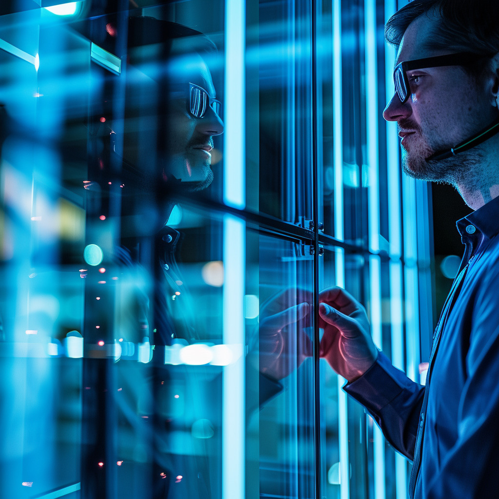 Office worker looking through glass protected by window film.