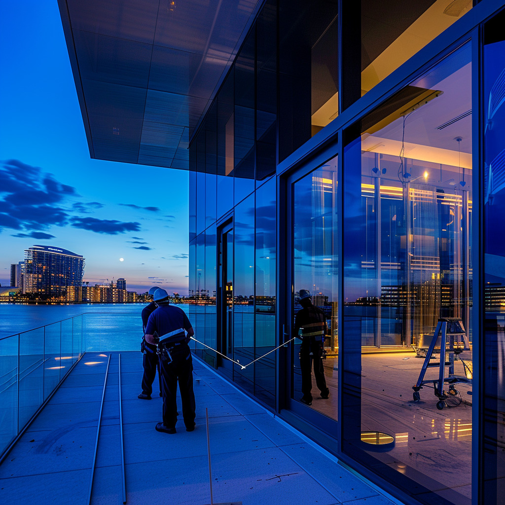 ballistic tint(2) Professional team installing window film on a commercial building.