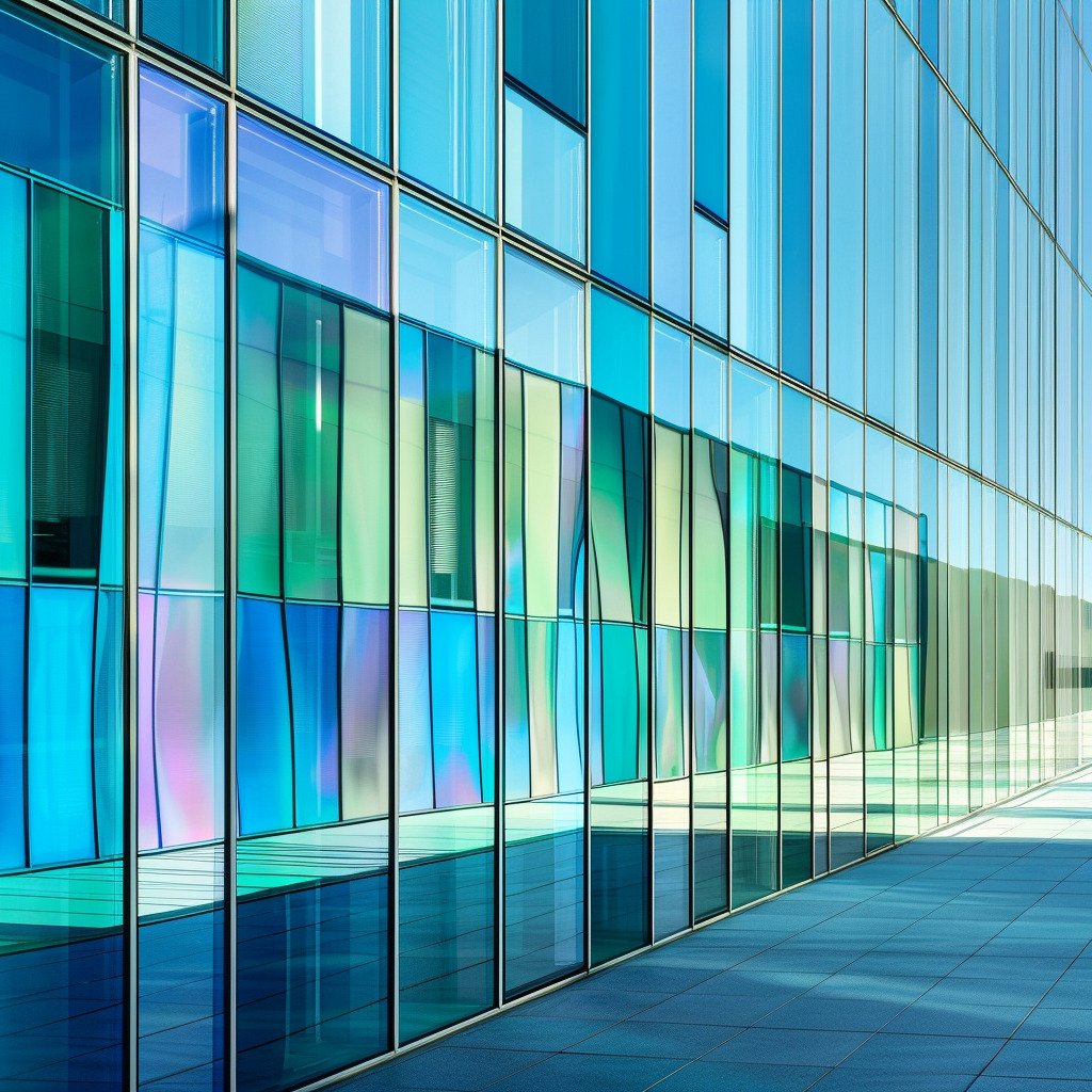 Glass building with window films.
