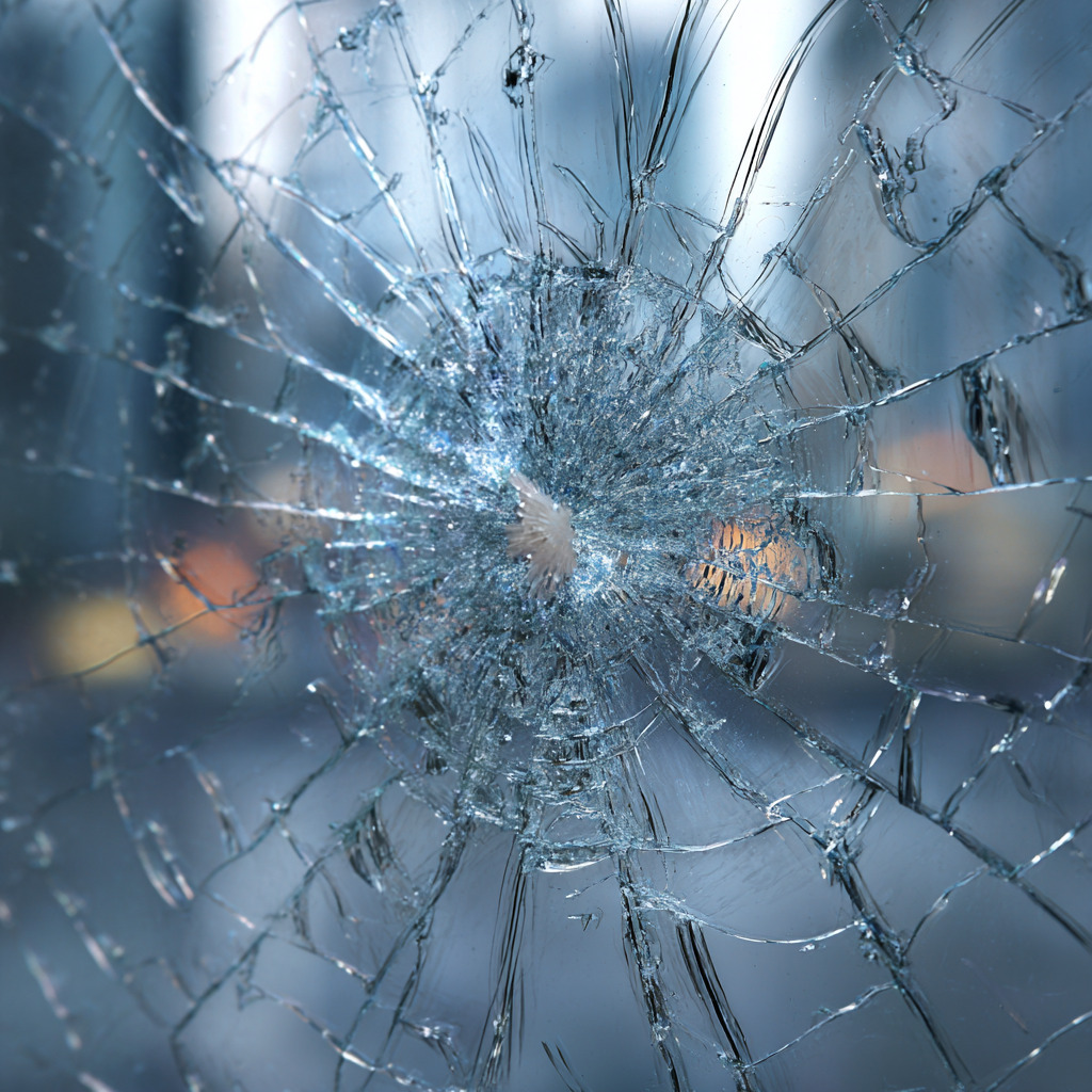 A window with ballistic window film after being pierced by a bullet